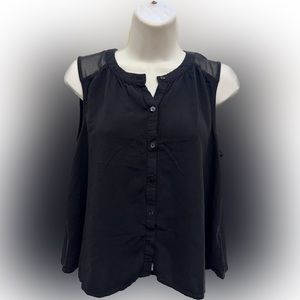 Express Womens Blouse Medium Black V-Neck Button Front Cropped Rayon